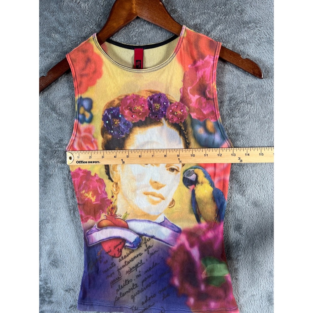 VINTAGE Just In Time Mesh Top Womens Large Frieda Khalo Graphic Embellished - Picture 4 of 12